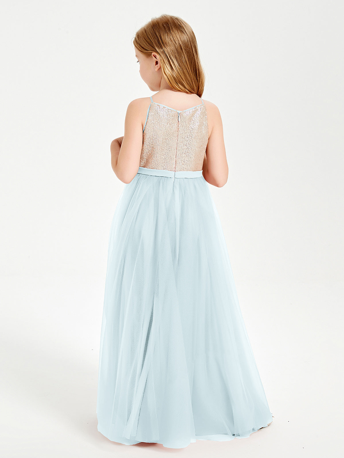 Sequined Top Long Tulle Junior Bridesmaid Gown Mist